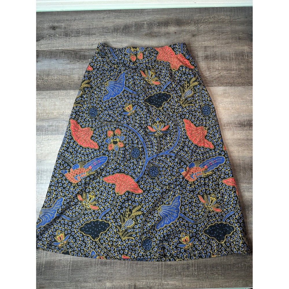 Water Witch Castine Maine Batik Print A-Line Midi Skirt Blue Red Floral Bird S